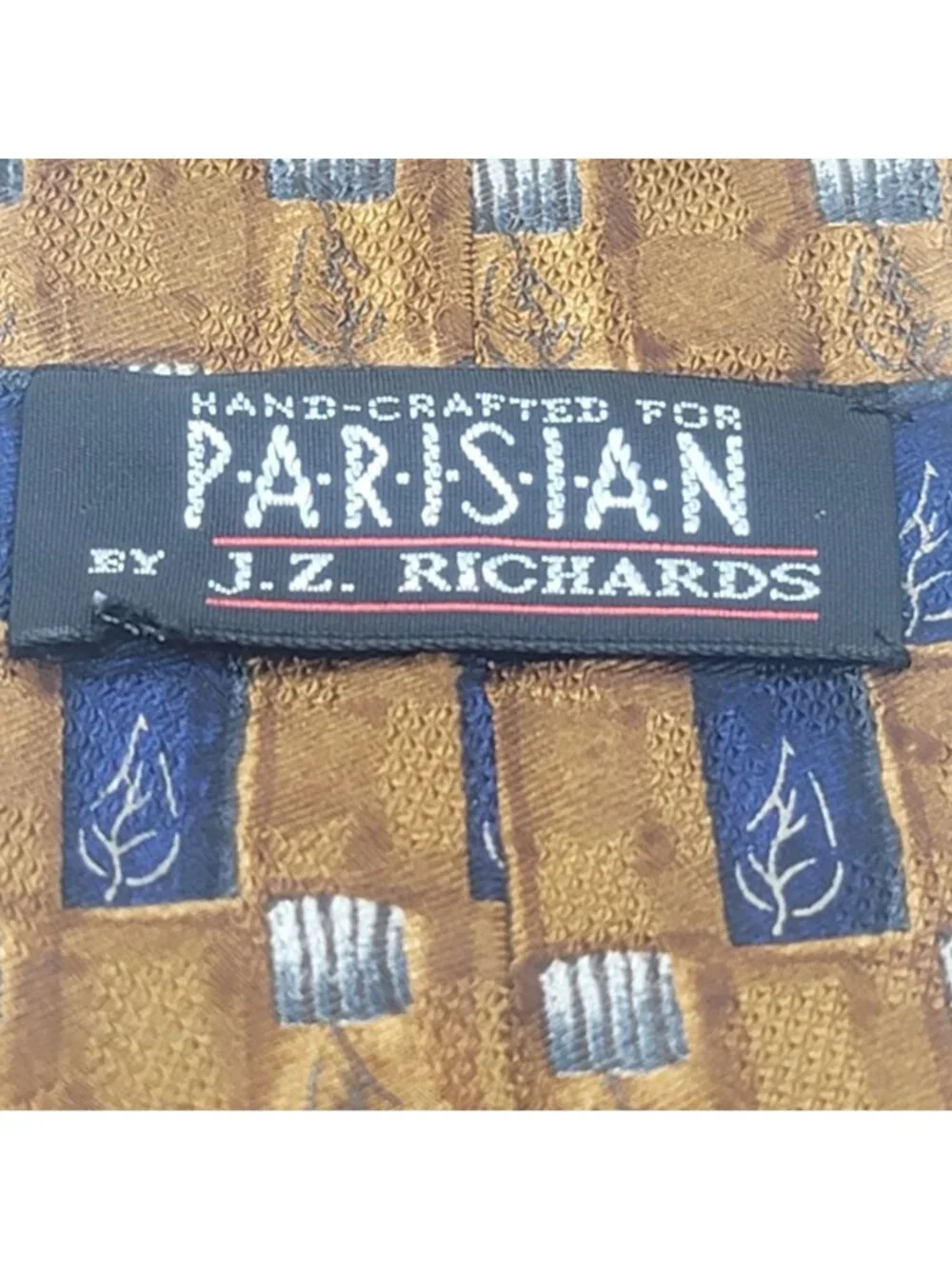 Handcrafted J.Z. Richards Parisian All Silk Tie Gold & Navy Blue Leaf Pattern